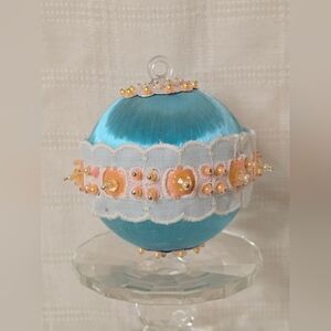 Vintage Beaded Push Pin‎ Handmade Christmas Ornament Blue Ornate 1970s Lace